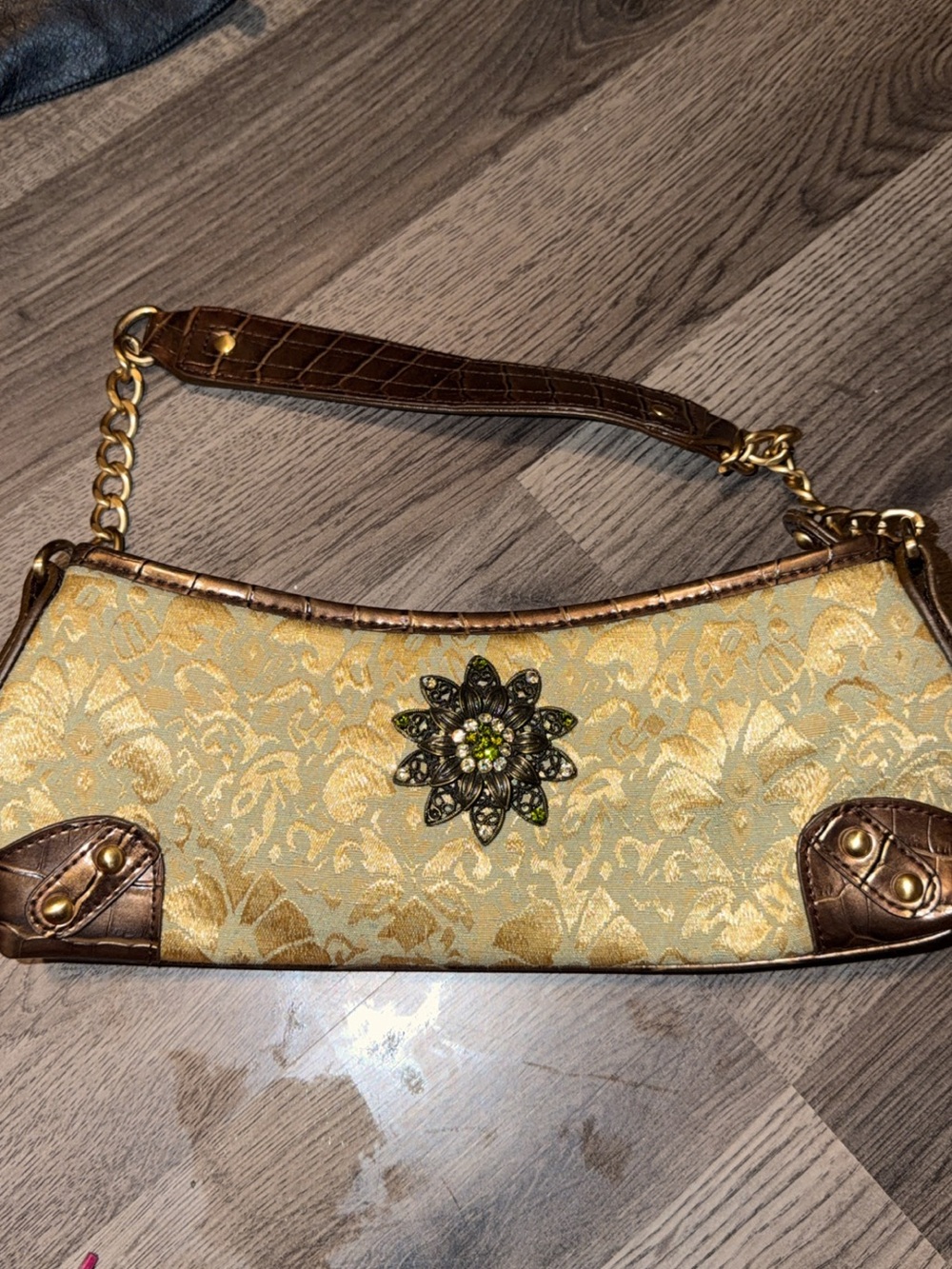 Y2K Gold Floral Brocade Shoulder Bag Jeweled Purse